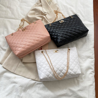 Women Basic Casual Chain Design Rhombus Stitching Solid Color Large Capacity PU Shoulder Bag