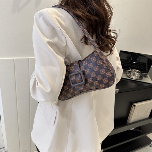 Sac à bandoulière à rabat avec boucle de ceinture imprimée rhomboïde pour femme 