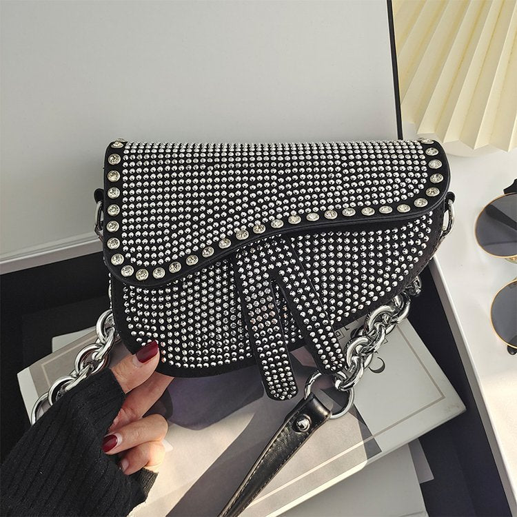 Women Elegant Rhinestone Inlay Design Solid Color Saddle Crossbody Bag