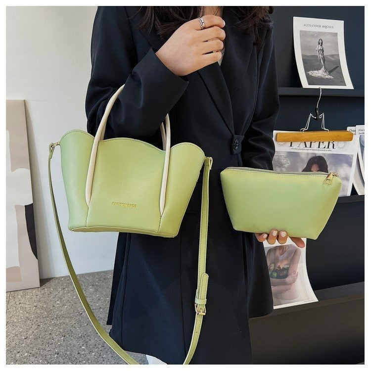 Women Fashion Solid Color Wavy Edge PU Handle Shoulder Bag