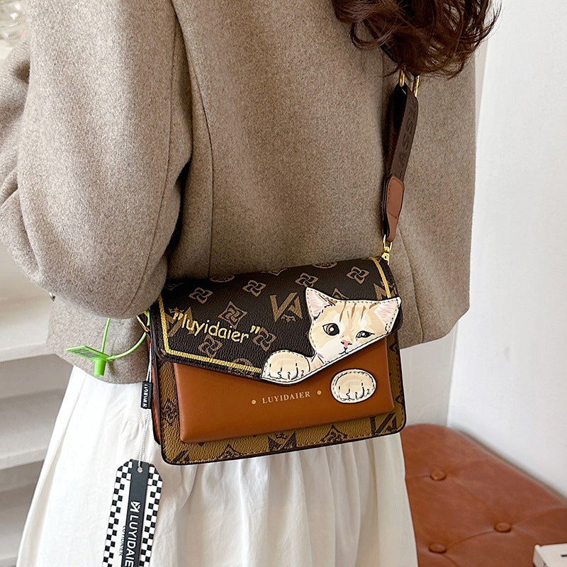 Women Fashion Cartoon Cat Print Flap Square Crossbody Bag