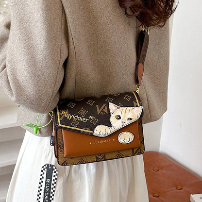 Women Fashion Cartoon Cat Print Flap Square Crossbody Bag