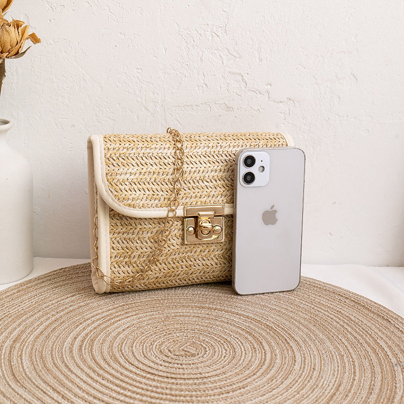 Women Fashion Casual Vacation Beach Magnetic Buckle Flap Chain Square Straw Woven Crossbody Bag