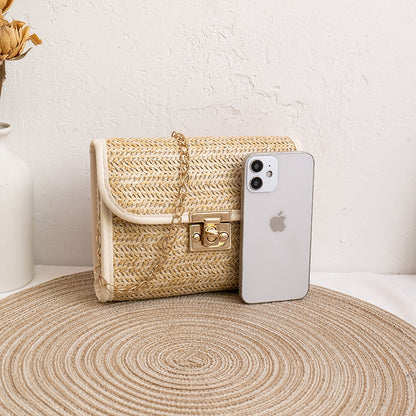 Women Fashion Casual Vacation Beach Magnetic Buckle Flap Chain Square Straw Woven Crossbody Bag