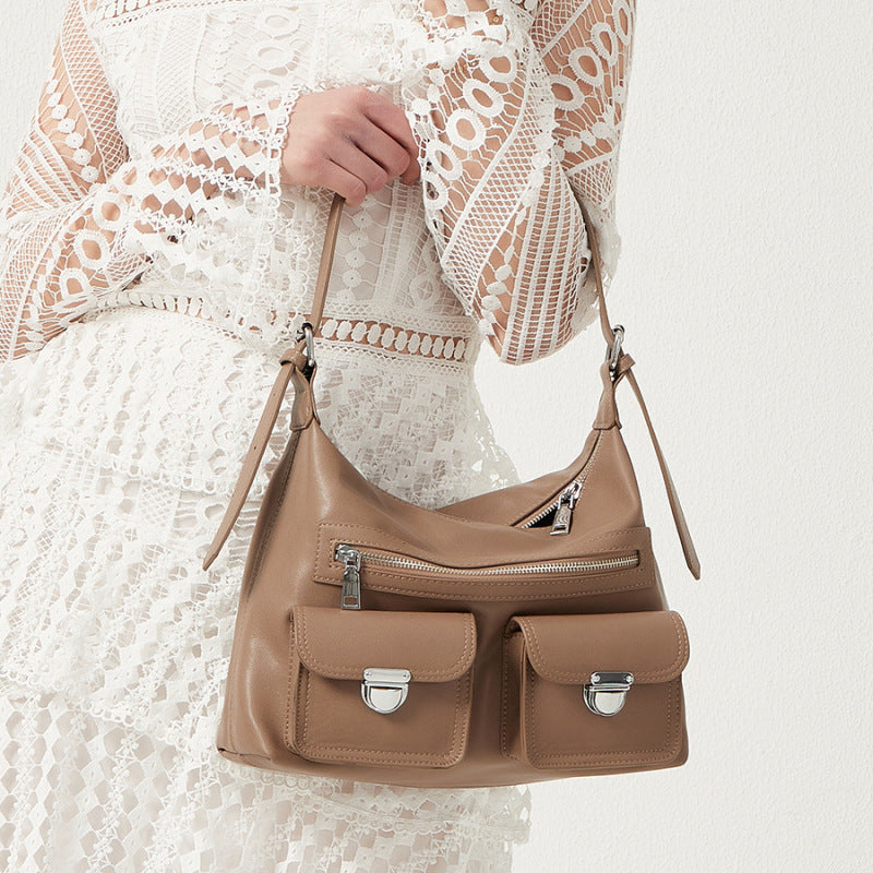 Women Fashion Simple Solid Leather Large Capacity Shoulder Zipper Underarm Bag