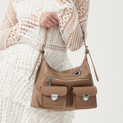 Women Fashion Simple Solid Leather Large Capacity Shoulder Zipper Underarm Bag