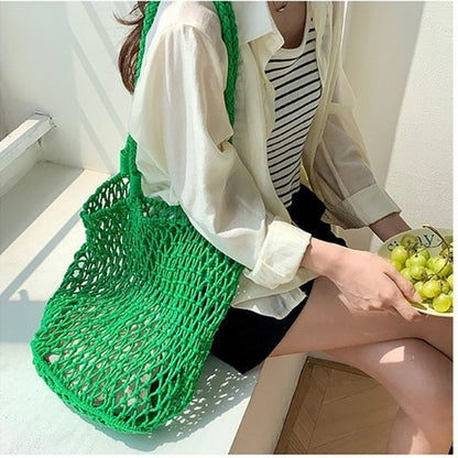 Women Casual Solid Color Hollow Woven Large Capacity Tote Shoulder Bag