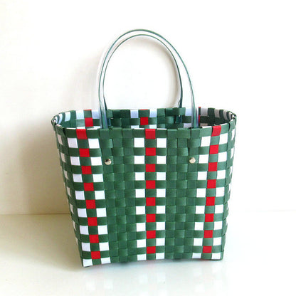 Vegetable Basket Straw Woven Waterproof Beach Women Casual Design Color Blocking Large Capacity Shoulder Handle Bag