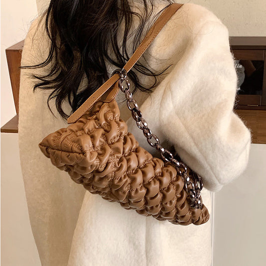 Women Vintage Chain Crease Design Solid Color Pu Shoulder Underarm Bag