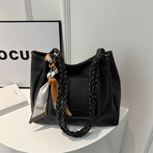Women Fashionable Solid Color Silk Scarf Decorative Large Capacity PU Tote Bag