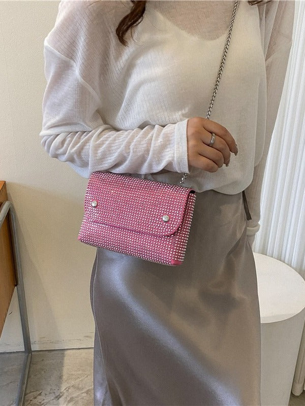Women Fashion Square Flap Rhinestone Chain Crossbody Bag