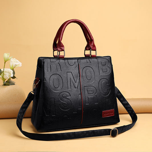Women Vintage Embossing Design Solid Color Letter Pattern Large Capacity Shoulder Handle Bag