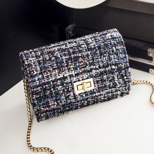 Women Fashionable Woolen Plaid Flap Lock Square Chain Crossbody Bag