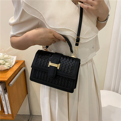 Women Fashion Solid Color Woven Rhomboid Flap PU Crossbody Bag