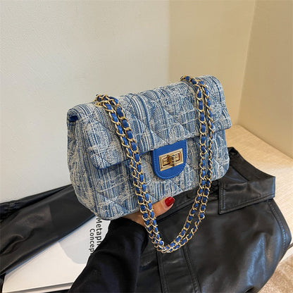 Women Fashion Casual Plaid Denim Chain Crossbody Bag