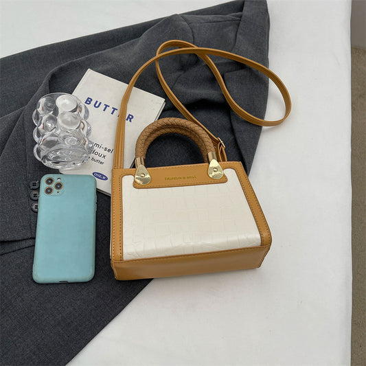 Sac à bandoulière tissé à motif pierre et blocs de couleurs pour femme, avec poignée carrée 