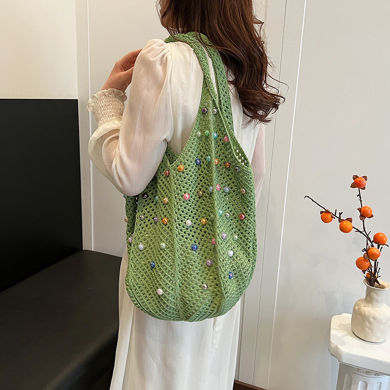 Summer Vacation Women Mori Style Soft Girl Fashion Hollow-Out Pearl Large Capacity Shoulder Woven Bag