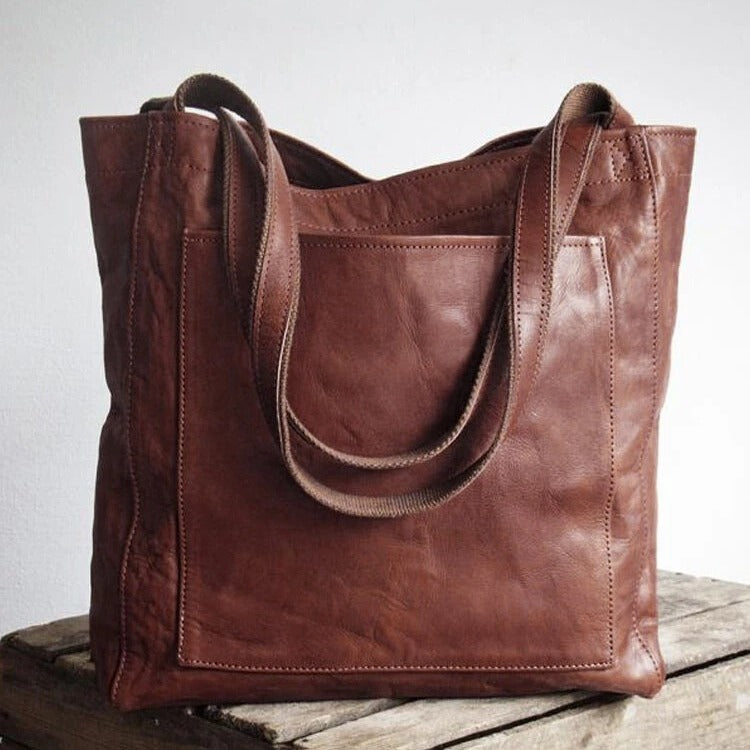 Sac à main en cuir souple pour femme, style vintage, ciré, grande capacité, tendance 