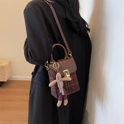 Women Fashion Woolen Plaid Flap Cartoon Pendant Shoulder Crossbody Bag