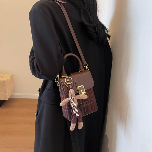 Women Fashion Woolen Plaid Flap Cartoon Pendant Shoulder Crossbody Bag