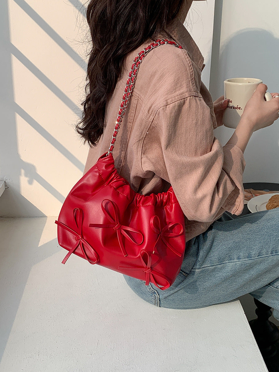 Women Fashion Bow Embellished PU Shoulder Bag