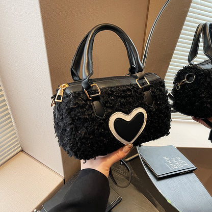 Women Fashion Casual Plush Heart Zipper Handbag