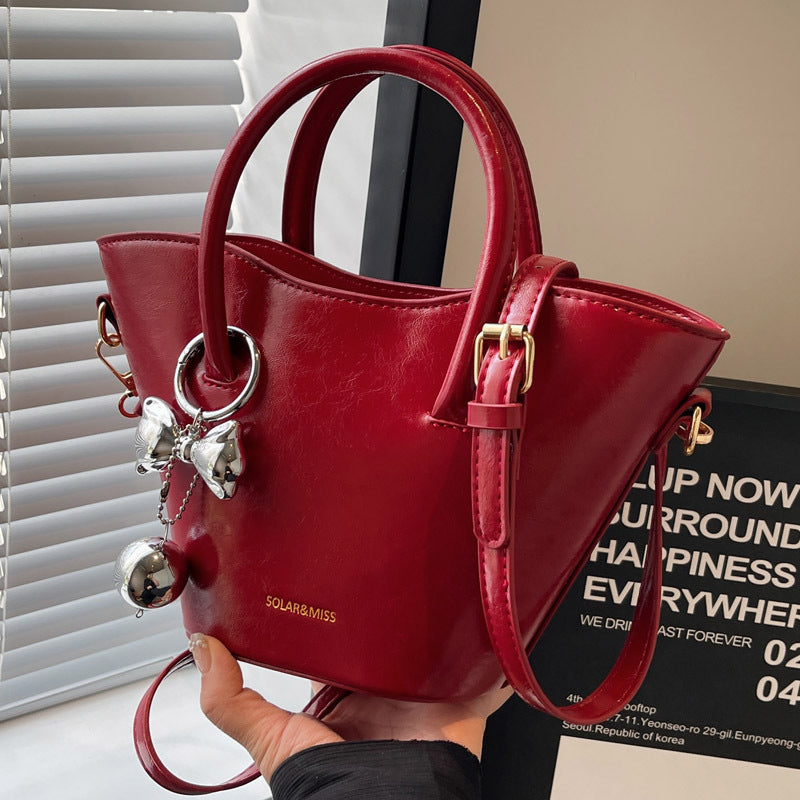 Women Fashionable Simple Bow Ball Pendant PU Handle Shoulder Bag