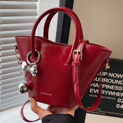 Women Fashionable Simple Bow Ball Pendant PU Handle Shoulder Bag
