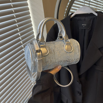 Sac à bandoulière cylindrique à paillettes vintage avec fermeture éclair 