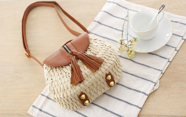 Women Fashion Simple Vacation Beach Straw Woven Color Block Tassel Zipper Flap Shoulder Bag
