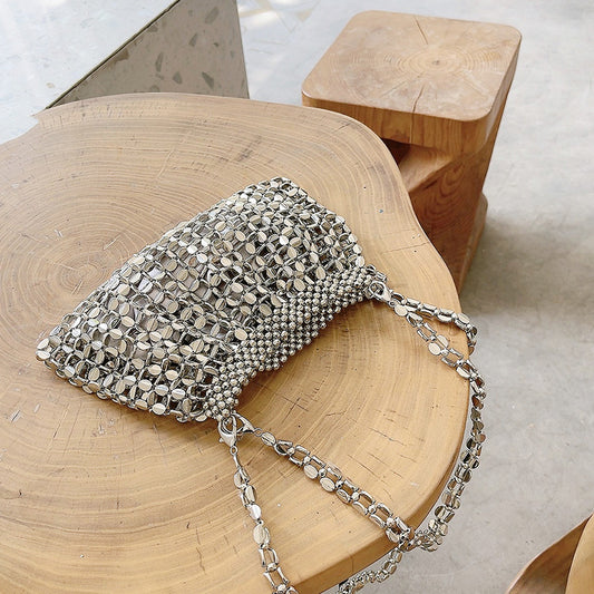 Sac à main simple tissé avec poignée en métal pour femme 