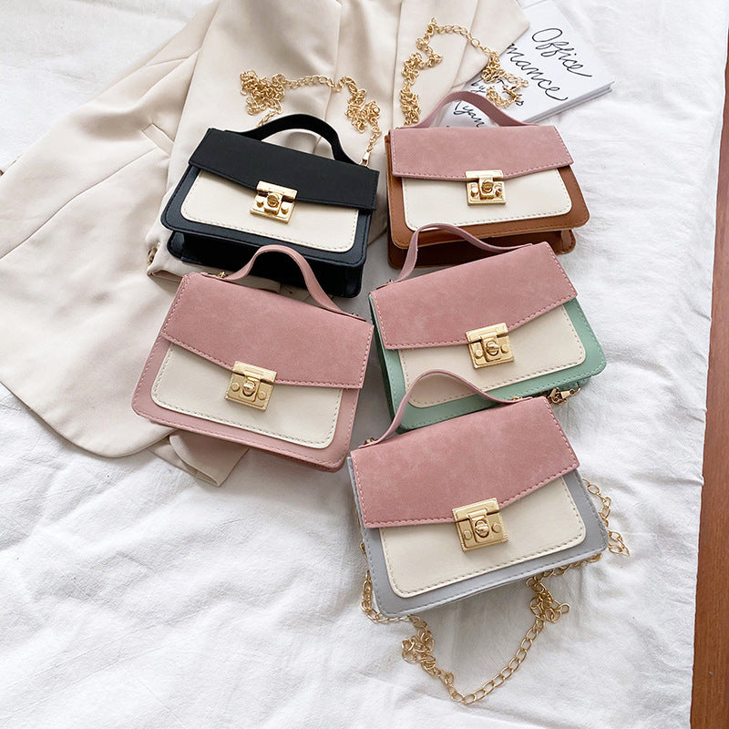 Women Fashion Casual Flap Buckle Design Color Blocking PU Crossbody Bag