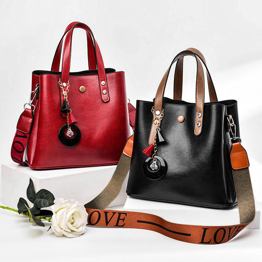 Women Fashion Solid Color Large Capacity Letter Wide Strap PU Handle Shoulder Bag