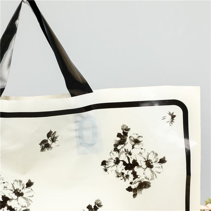 Simple Black White Floral Printed Shopping Plastic Tote Bag