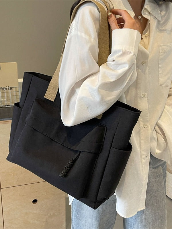 Women Casual Solid Color Large Capacity Multi-Pocket Canvas Tote Bag