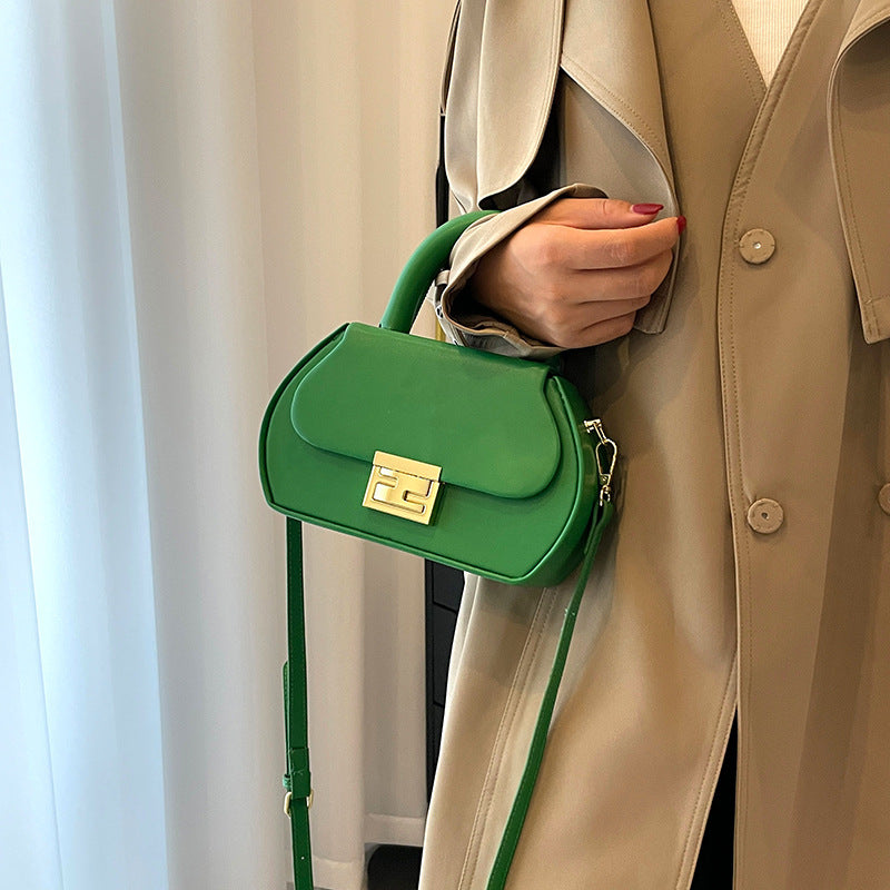 Women Fashionable Solid Color Flap Lock Shaped Handle Crossbody Bag