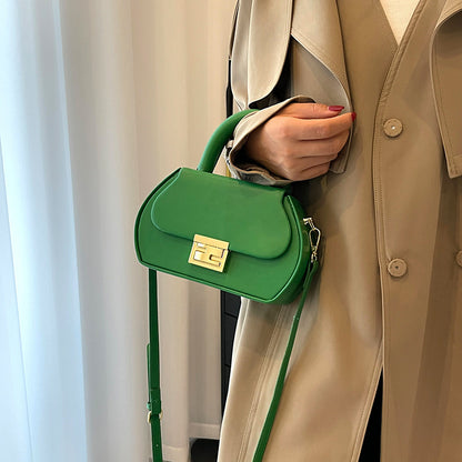 Women Fashionable Solid Color Flap Lock Shaped Handle Crossbody Bag