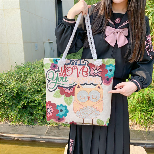 Women Fashion Double Sided Embroidered Canvas Bag Large Capacity Tote Bag