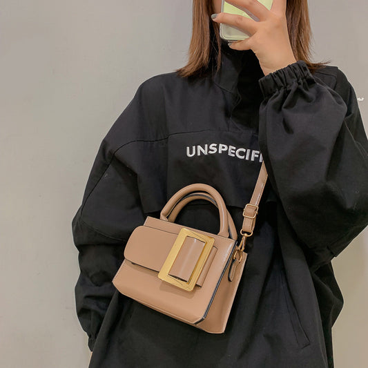 Women Vintage Buckle Design Solid Color PU Crossbody Bag