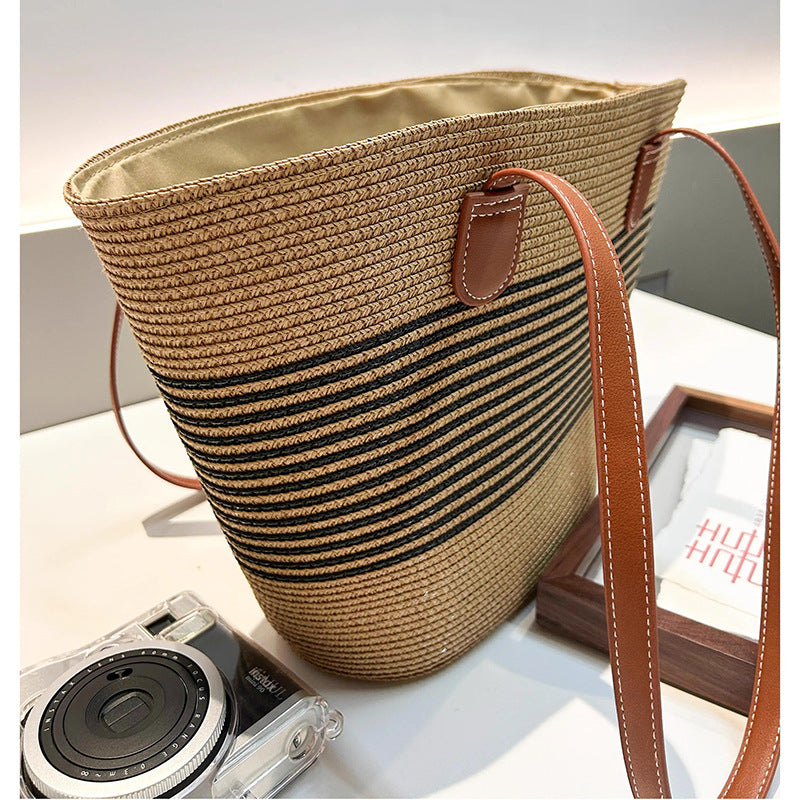 Summer Women Fashionable Stripe Straw Woven Large Capacity Tote Bag