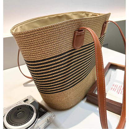Summer Women Fashionable Stripe Straw Woven Large Capacity Tote Bag