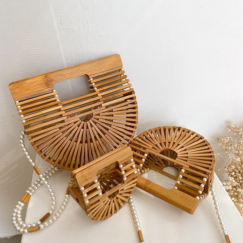 Women Fashion Bamboo Weaving Pearl Pop Straw Saddle Handbag