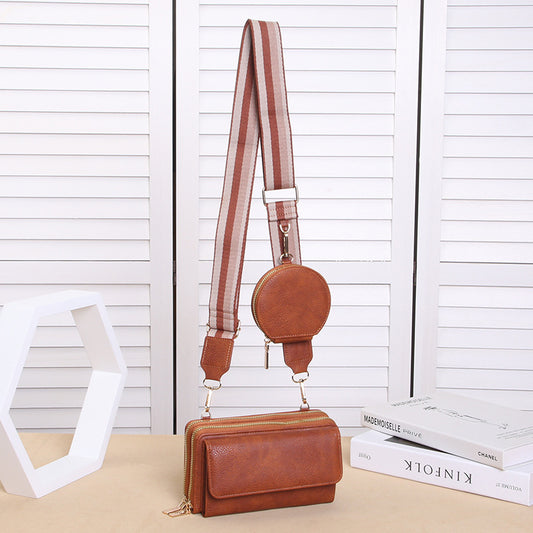 Women Fashionable Multifunctional Flap Zipper Square Coin Purse Pendant Wide Side Shoulder Strap PU Crossbody Bag