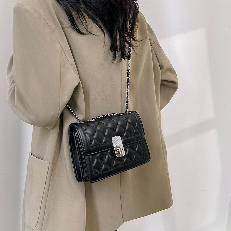 Women Fashion Casual Solid Color Rhombic Chain Small Square Shoulder Bag