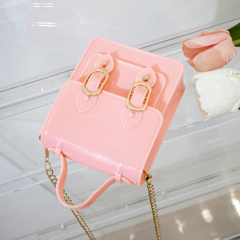 Women Fashion Solid Color PVC Silicone Square Mini Chain Crossbody Bag