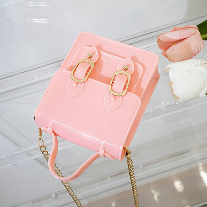 Women Fashion Solid Color PVC Silicone Square Mini Chain Crossbody Bag