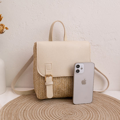 Women Fashion Simple Vacation Beach Large Capacity Straw Woven Magnetic Button Flap Backpack