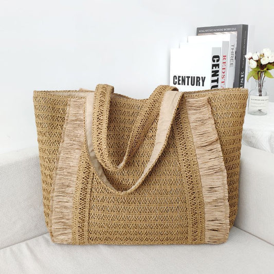 Sac fourre-tout en paille tissée pour femme, simple et tendance, idéal pour les vacances ou la plage, grande capacité