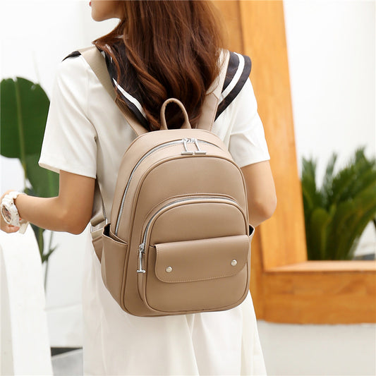Vintage Women Solid Color PU Leather Soft Casual Zipper Backpack