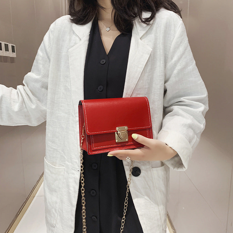 Women Fashion Solid Color Flip Lock Square Chain Crossbody Bag